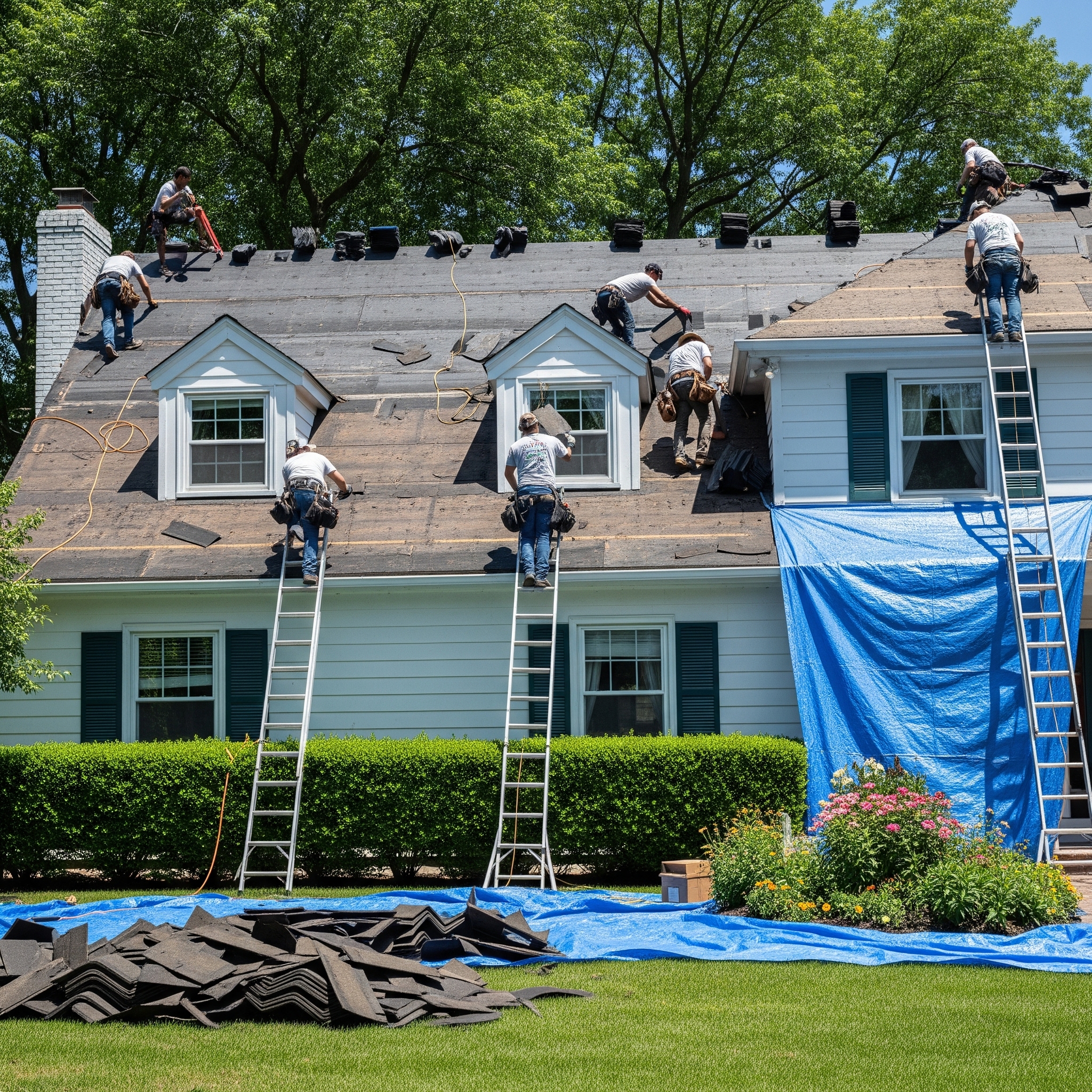 Roofers installing new asphalt shingles on a suburban New Jersey home with tools and safety gear during daylight. Garden protected with tarp.